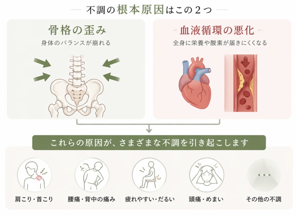不調の根本原因（骨格の歪み・血液循環の悪化）と当院のアプローチ、姿勢・痛み・可動性への効果を示した図解